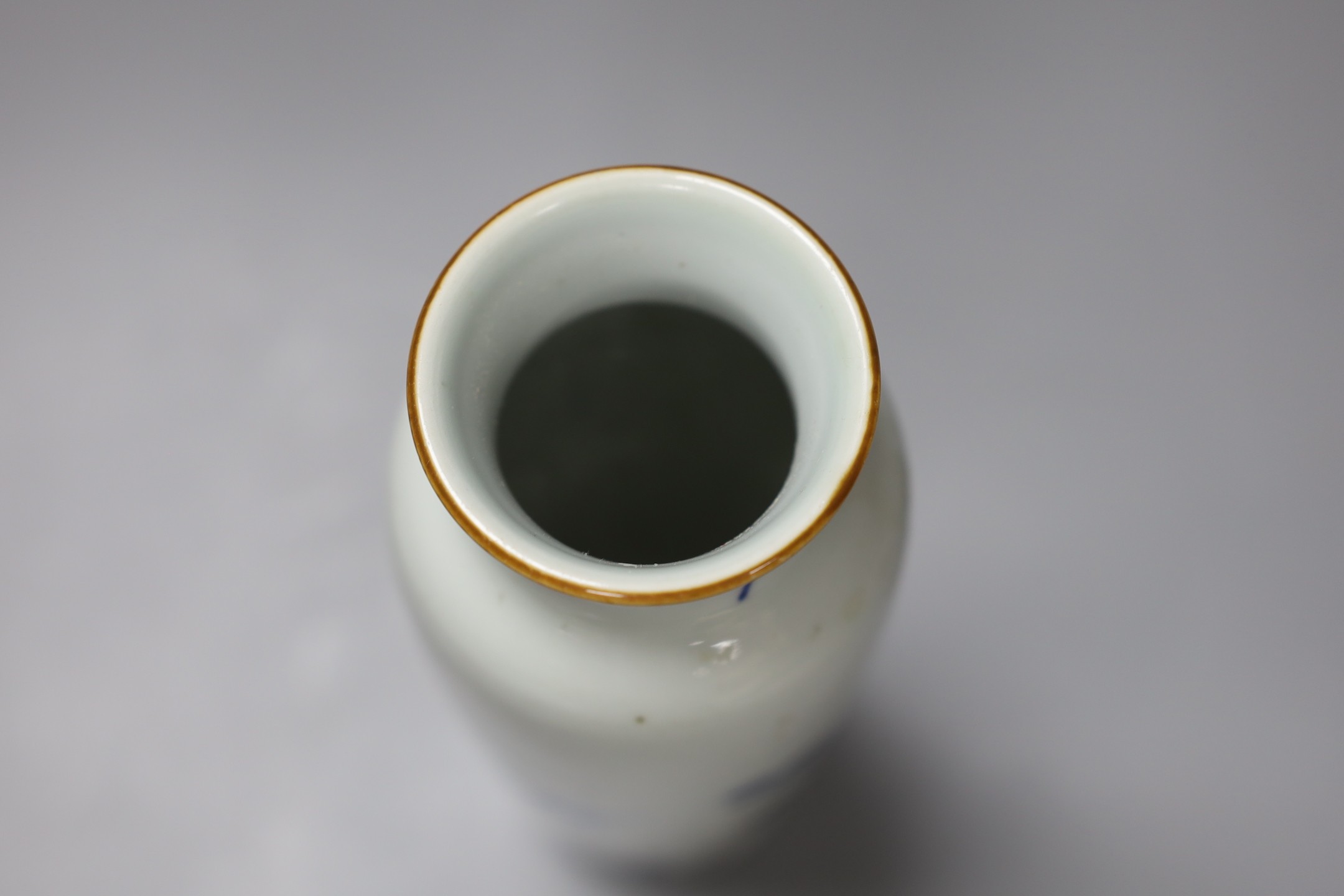A Chinese blue and white vase decorated with flowers and birds, 21.5cm